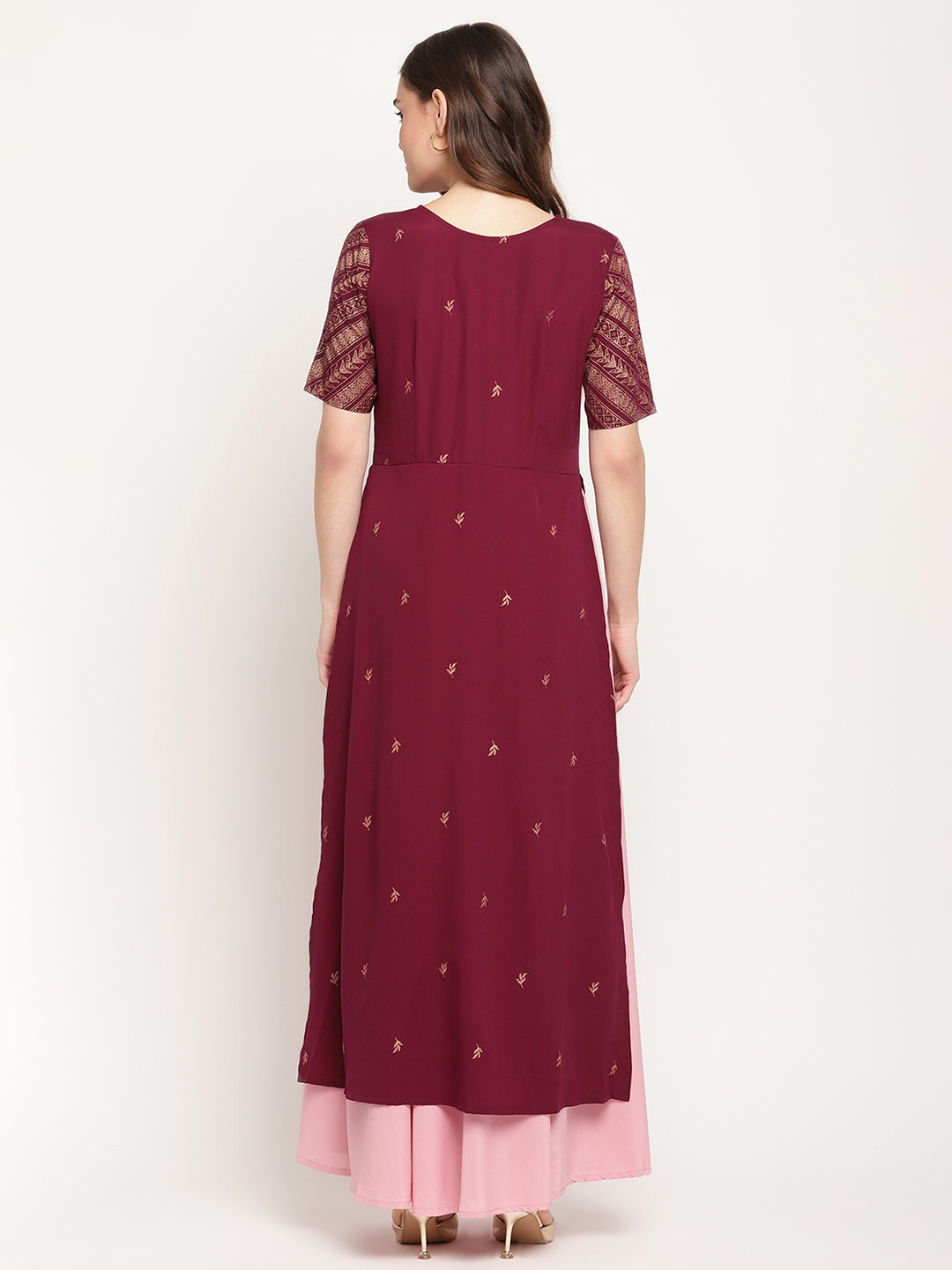 Women's Wine Crepe Glitter Print Dres