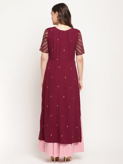 Women's Wine Crepe Glitter Print Dres
