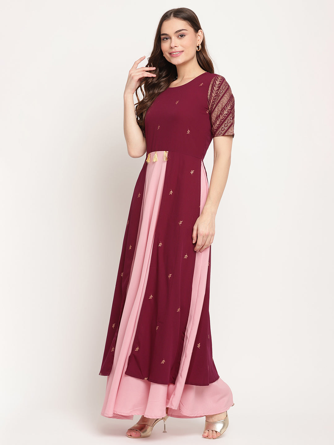 Women's Wine Crepe Glitter Print Dres