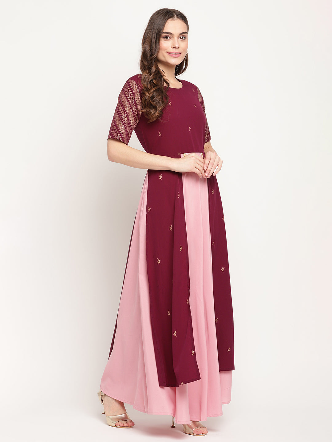 Women's Wine Crepe Glitter Print Dres