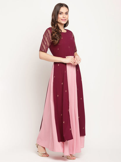Women's Wine Crepe Glitter Print Dres