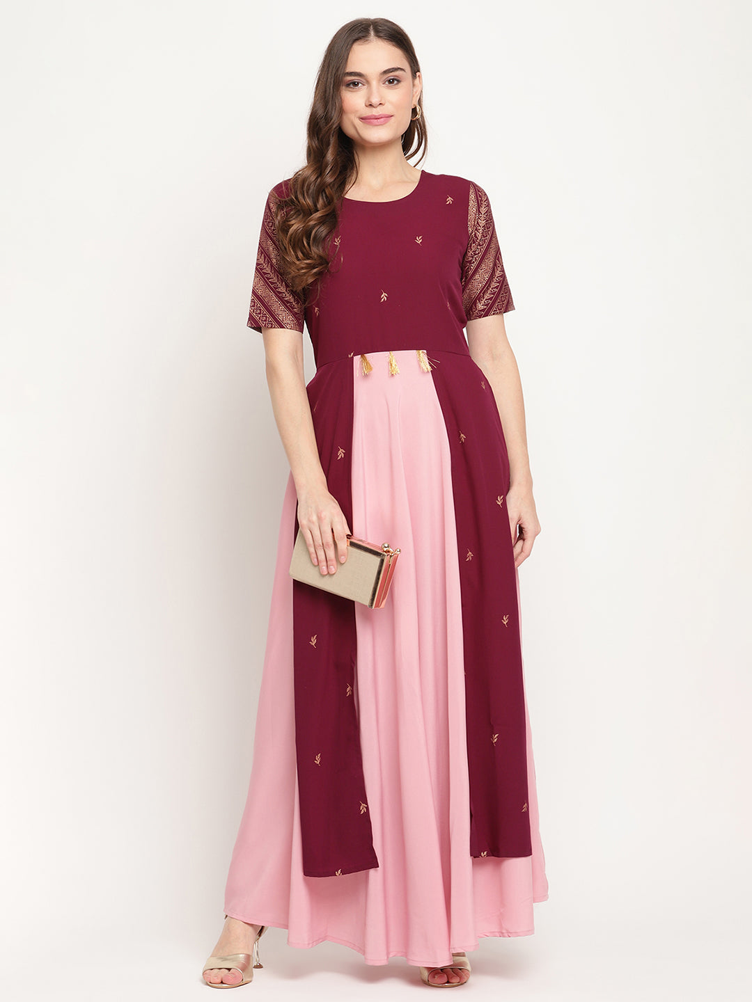 Women's Wine Crepe Glitter Print Dres