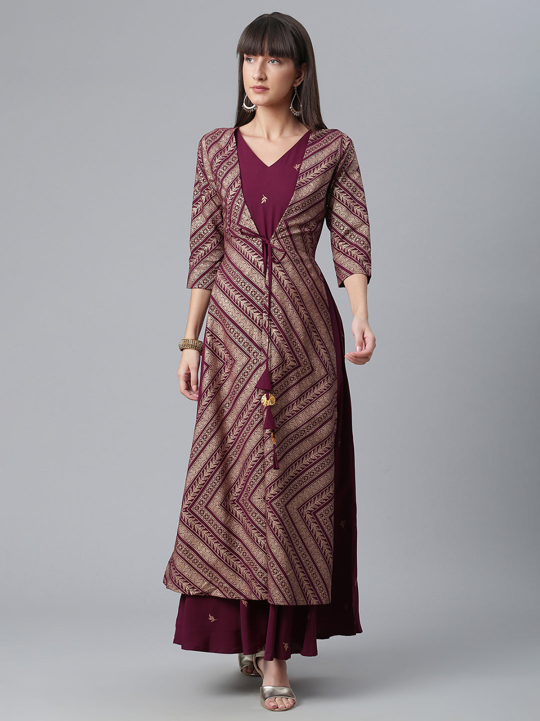 Women's Crepe Wine Glitter Print Kurta With Jacket