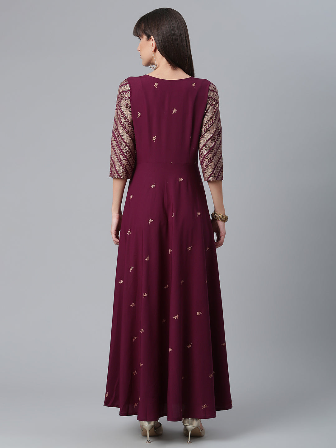 Women's Crepe Wine Glitter Print Kurta With Jacket