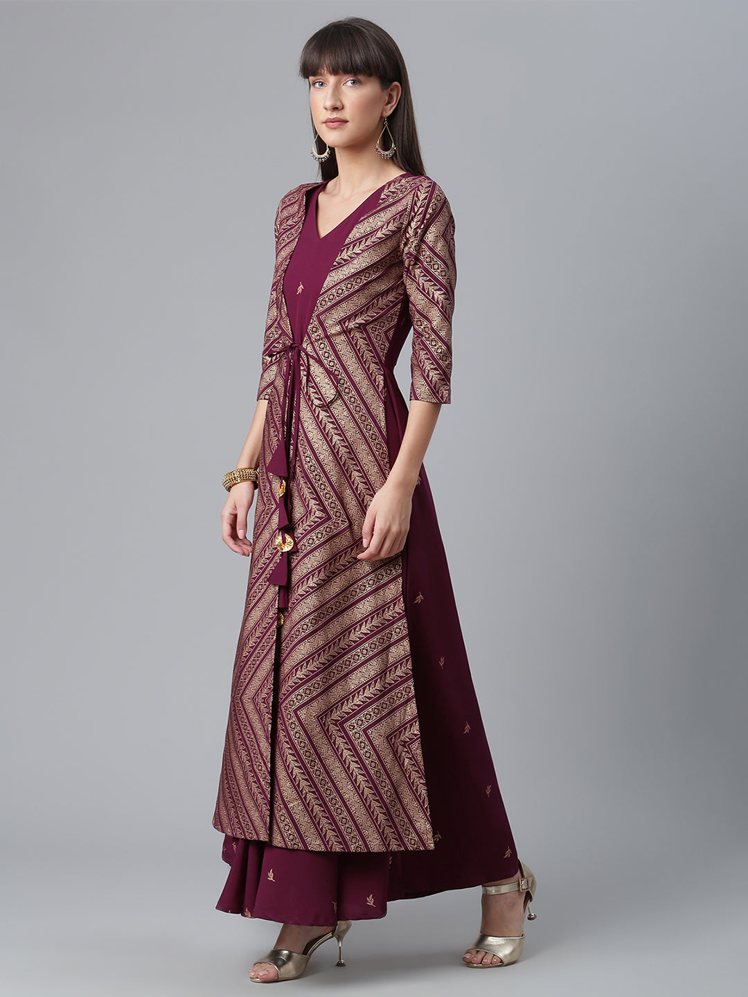 Women's Crepe Wine Glitter Print Kurta With Jacket