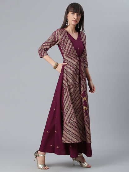 Women's Crepe Wine Glitter Print Kurta With Jacket