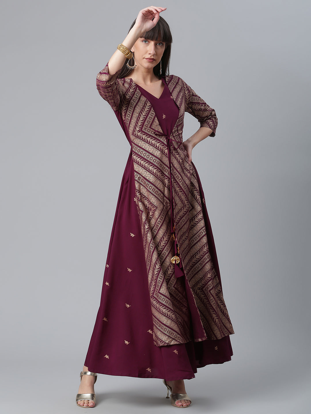 Women's Crepe Wine Glitter Print Kurta With Jacket