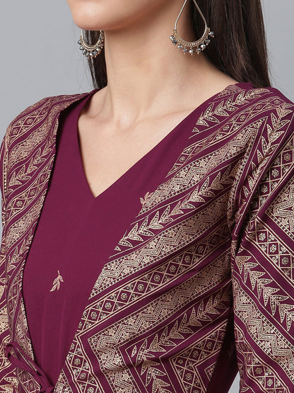 Women's Crepe Wine Glitter Print Kurta With Jacket