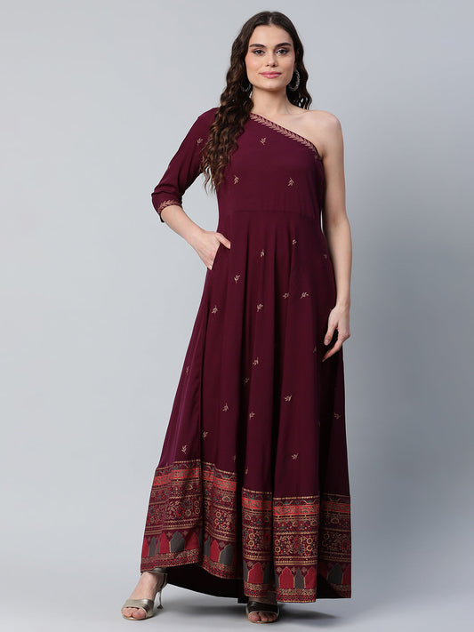 Women's Burgundy & Gold-Toned Ethnic Motifs One Shoulder Ethnic Maxi Dress
