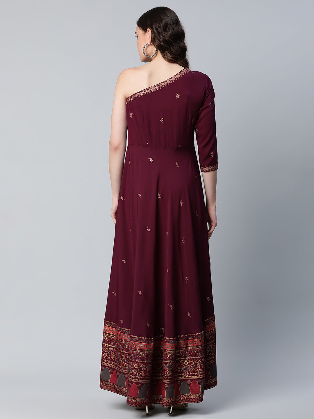 Women's Burgundy & Gold-Toned Ethnic Motifs One Shoulder Ethnic Maxi Dress