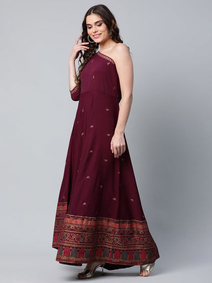 Women's Burgundy & Gold-Toned Ethnic Motifs One Shoulder Ethnic Maxi Dress