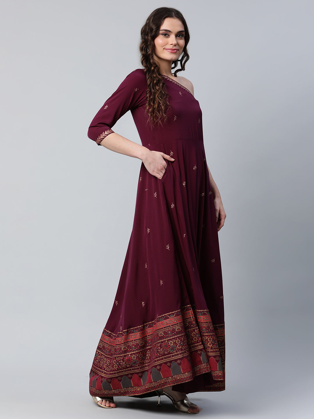 Women's Burgundy & Gold-Toned Ethnic Motifs One Shoulder Ethnic Maxi Dress
