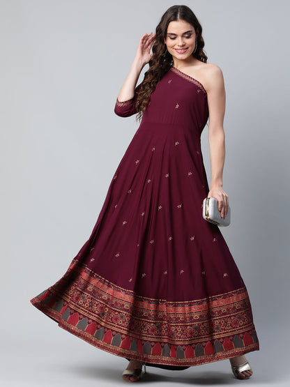 Women's Burgundy & Gold-Toned Ethnic Motifs One Shoulder Ethnic Maxi Dress