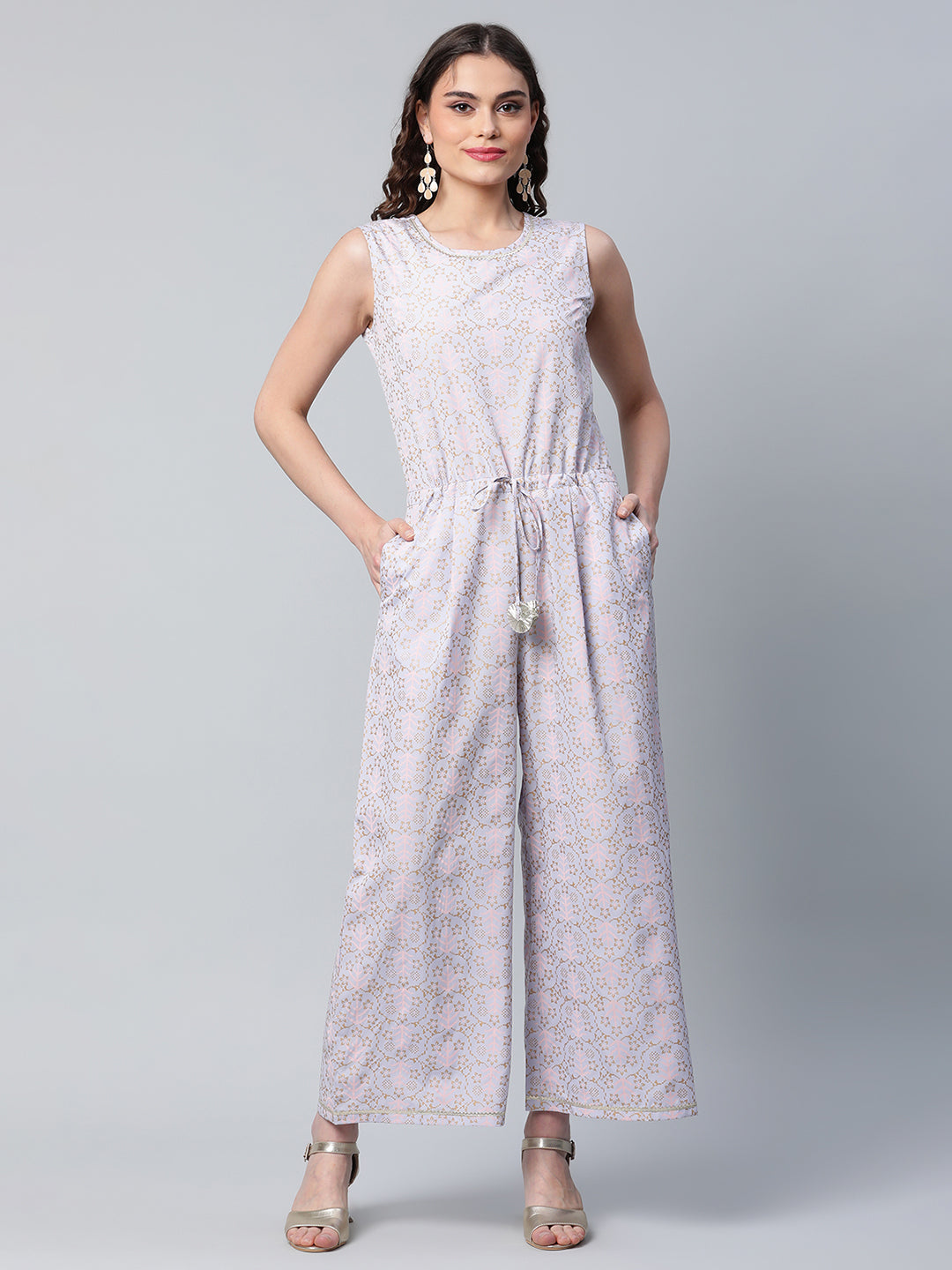 Women's Blue Crepe Gold Printed Jumpsuit