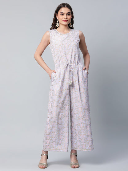 Women's Blue Crepe Gold Printed Jumpsuit