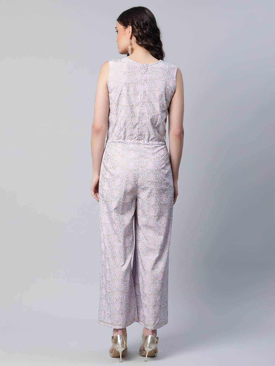 Women's Blue Crepe Gold Printed Jumpsuit