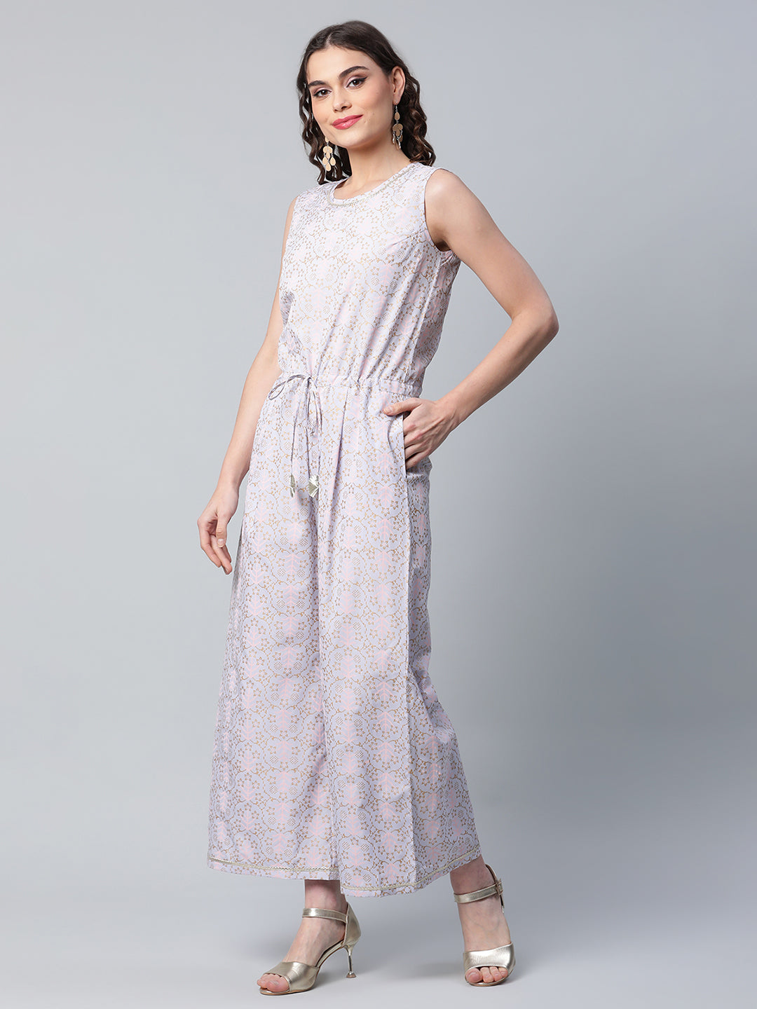 Women's Blue Crepe Gold Printed Jumpsuit