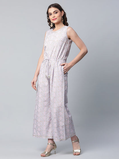 Women's Blue Crepe Gold Printed Jumpsuit