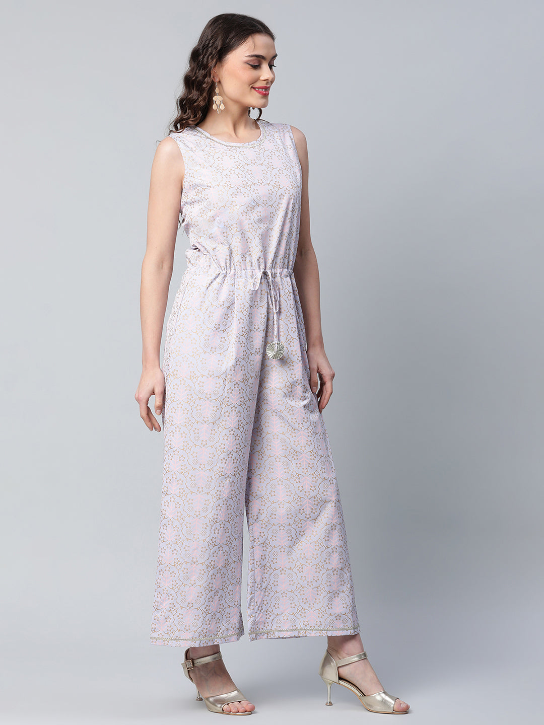 Women's Blue Crepe Gold Printed Jumpsuit