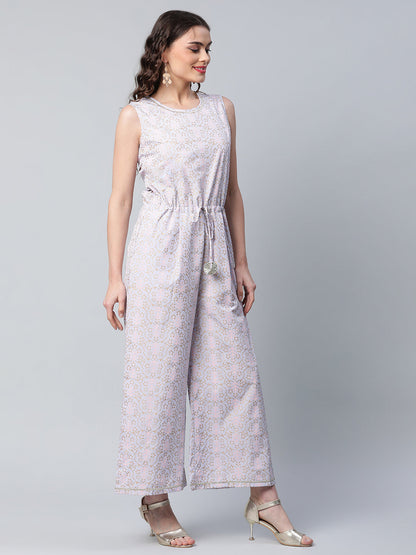 Women's Blue Crepe Gold Printed Jumpsuit