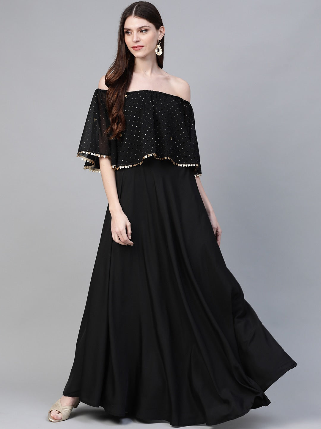 Women's Black Crepe Off Shoulder Gown