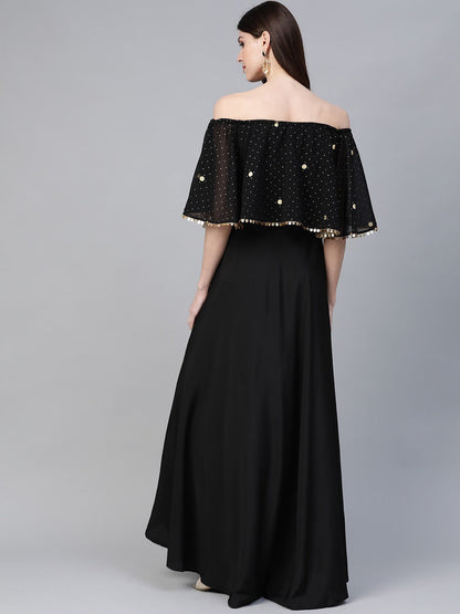 Women's Black Crepe Off Shoulder Gown