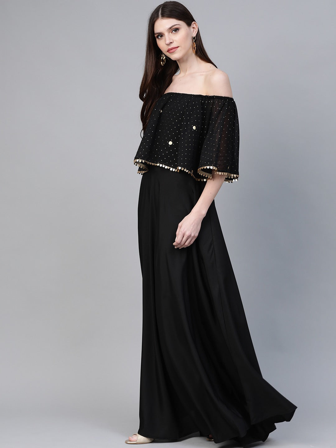 Women's Black Crepe Off Shoulder Gown