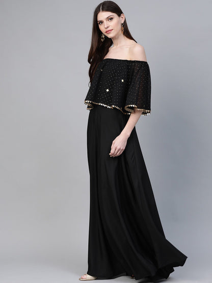 Women's Black Crepe Off Shoulder Gown