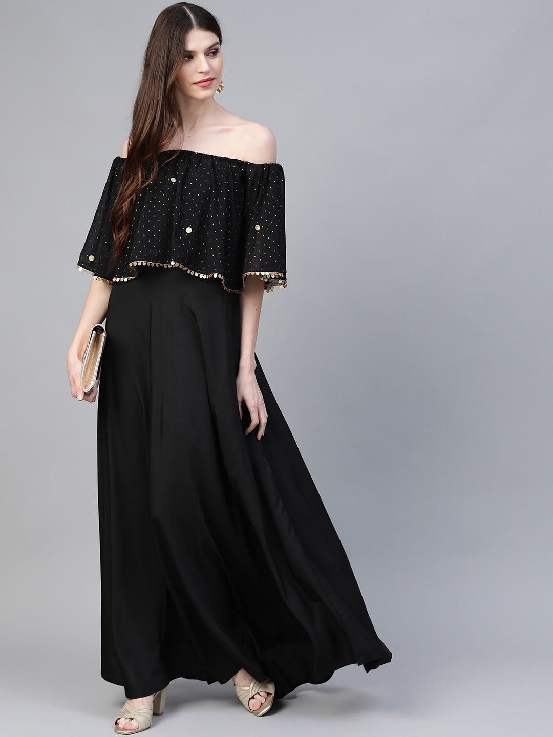 Women's Black Crepe Off Shoulder Gown