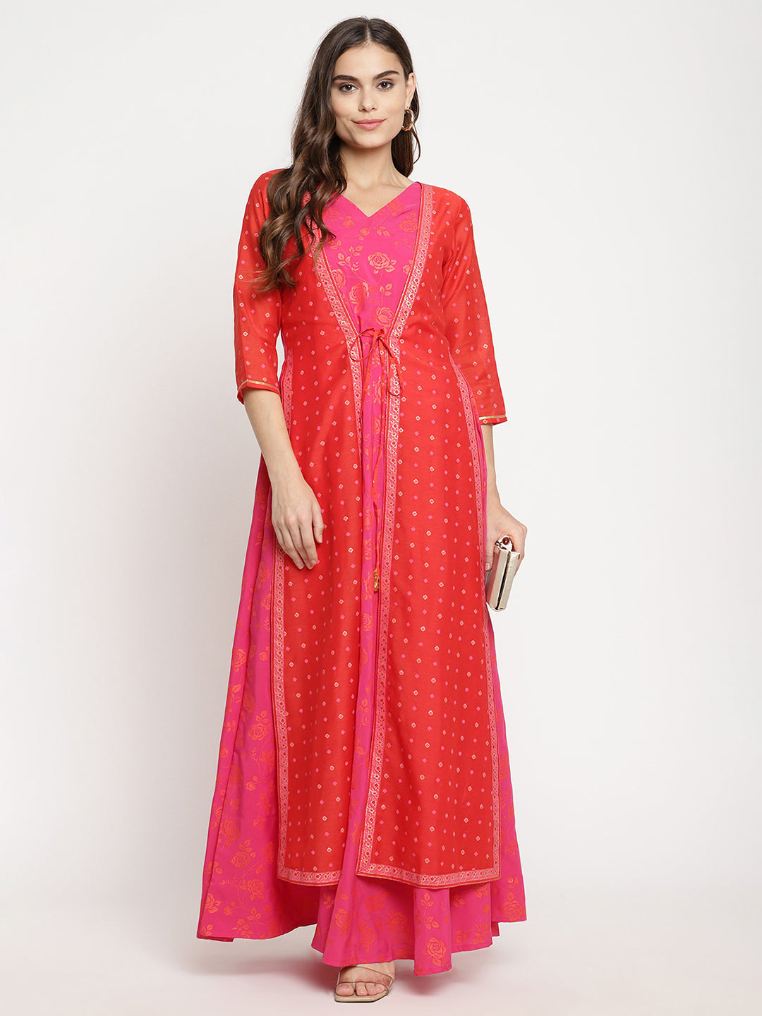 Women's Dark Pink Crepe Khari Print Dres