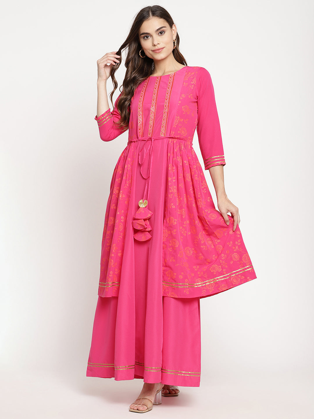 Women's Dark Pink Crepe Khari Print Dres