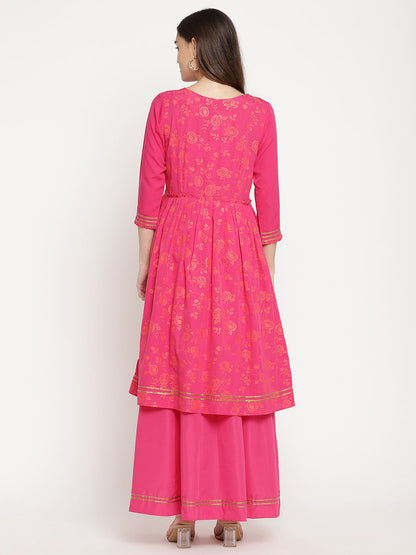 Women's Dark Pink Crepe Khari Print Dres