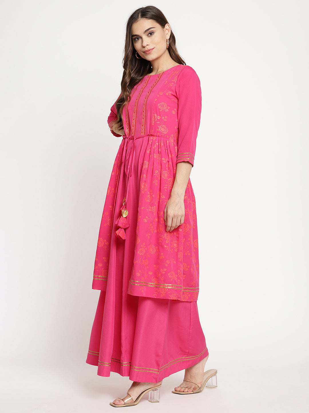 Women's Dark Pink Crepe Khari Print Dres