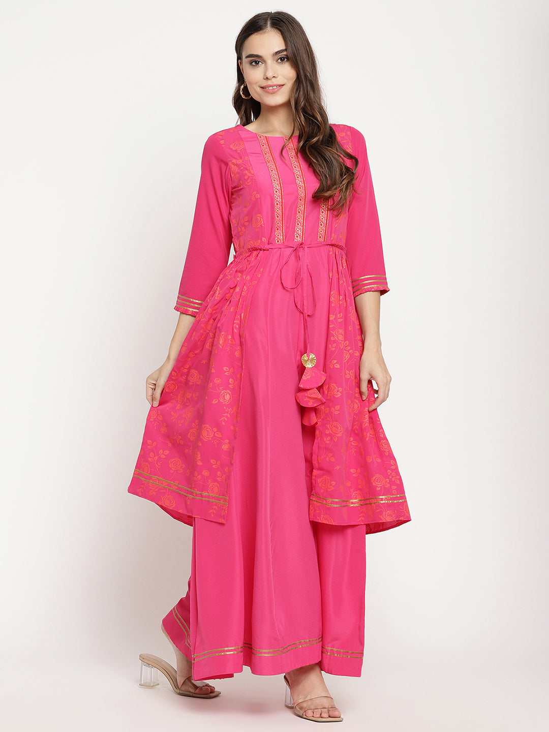 Women's Dark Pink Crepe Khari Print Dres