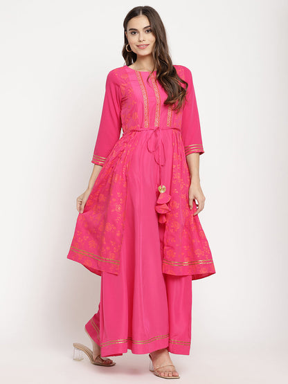 Women's Dark Pink Crepe Khari Print Dres