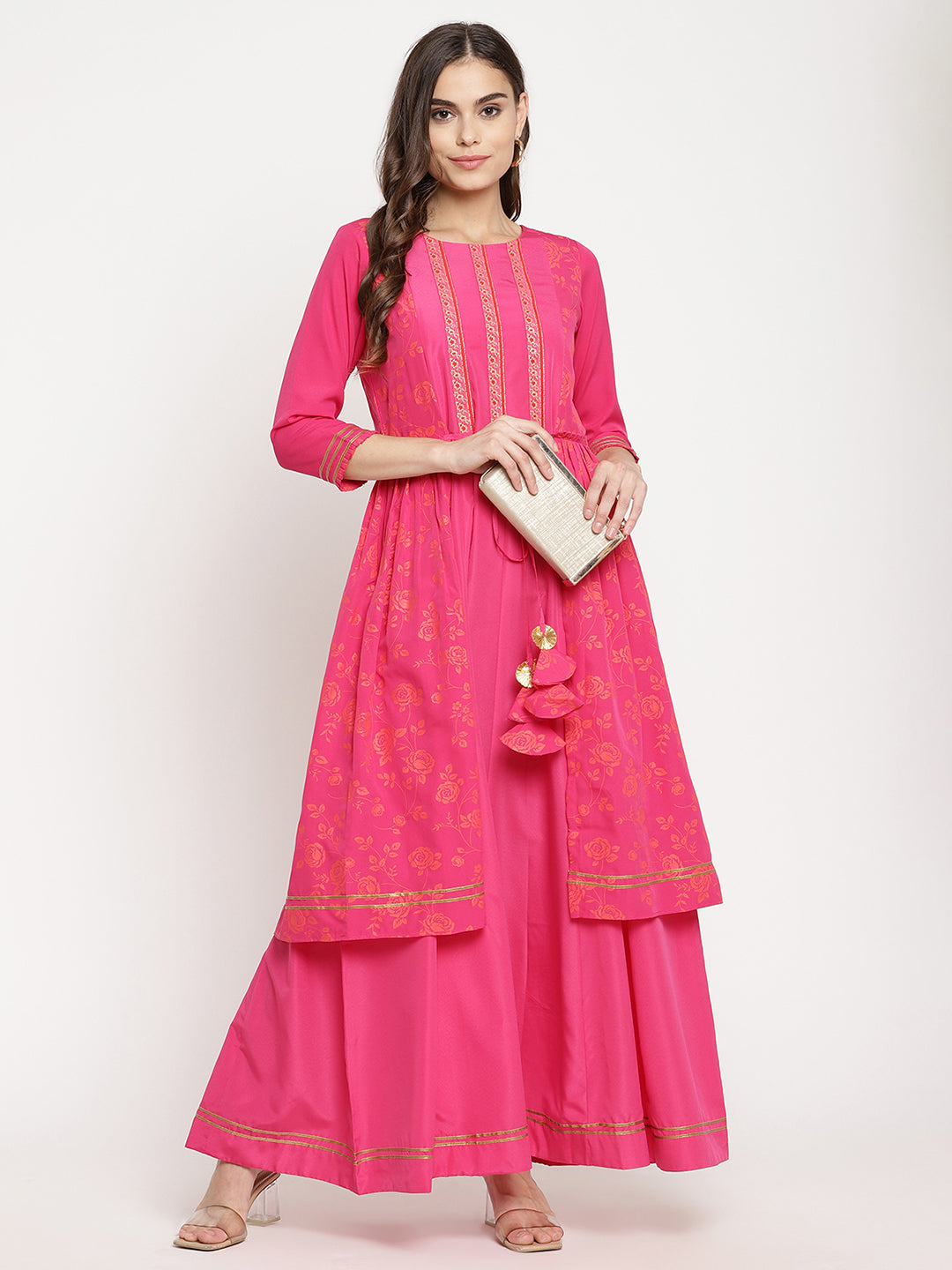 Women's Dark Pink Crepe Khari Print Dres