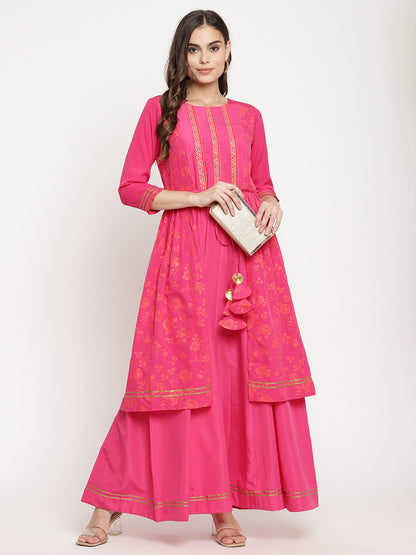 Women's Dark Pink Crepe Khari Print Dres
