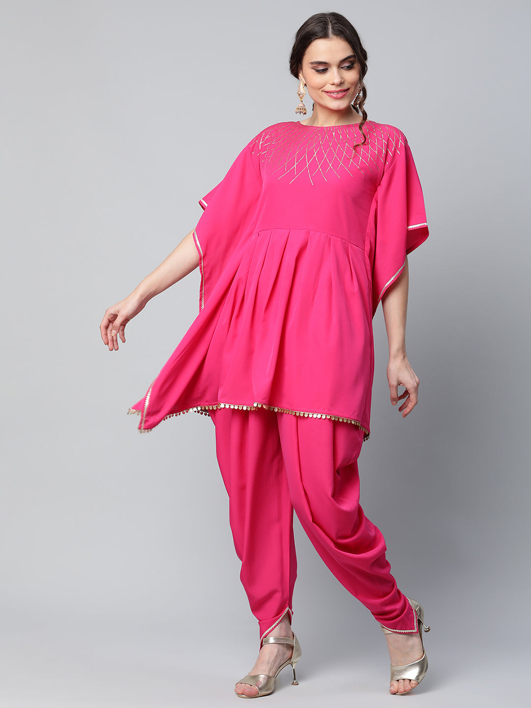 Women's Pink Crepe Glitter Printed Kurta With Dhoti Pants