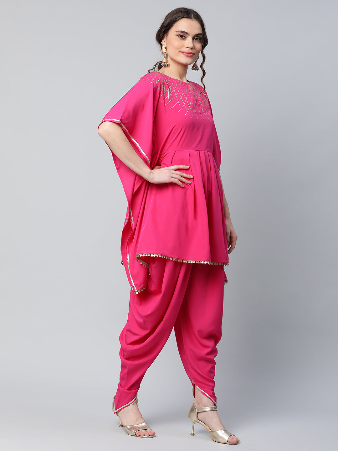 Women's Pink Crepe Glitter Printed Kurta With Dhoti Pants
