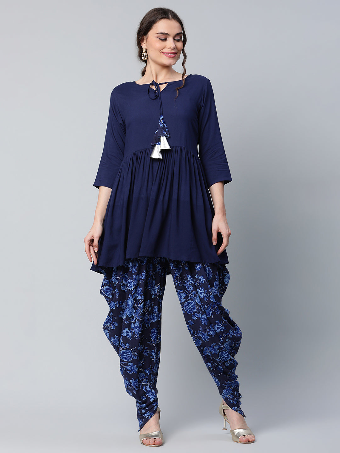 Women's Navy Blue Rayon Floral Empire Kurti With Dhoti Pants