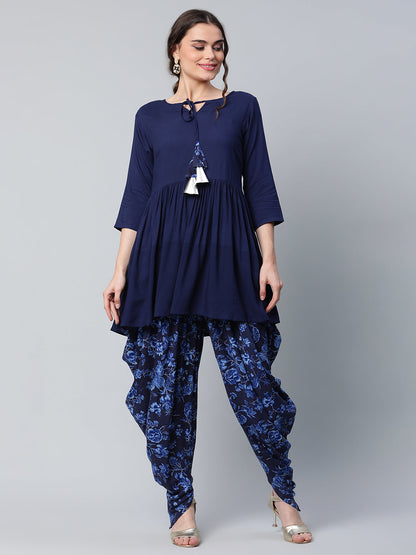 Women's Navy Blue Rayon Floral Empire Kurti With Dhoti Pants