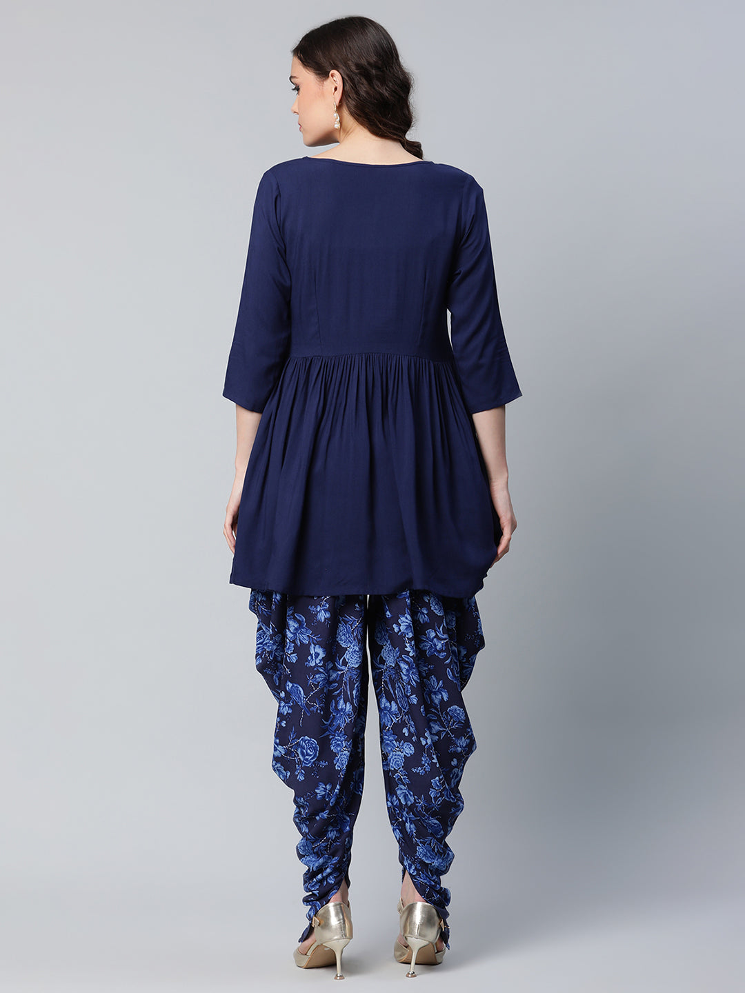 Women's Navy Blue Rayon Floral Empire Kurti With Dhoti Pants