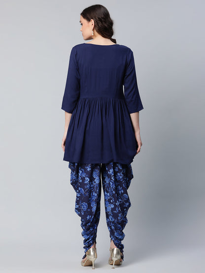 Women's Navy Blue Rayon Floral Empire Kurti With Dhoti Pants