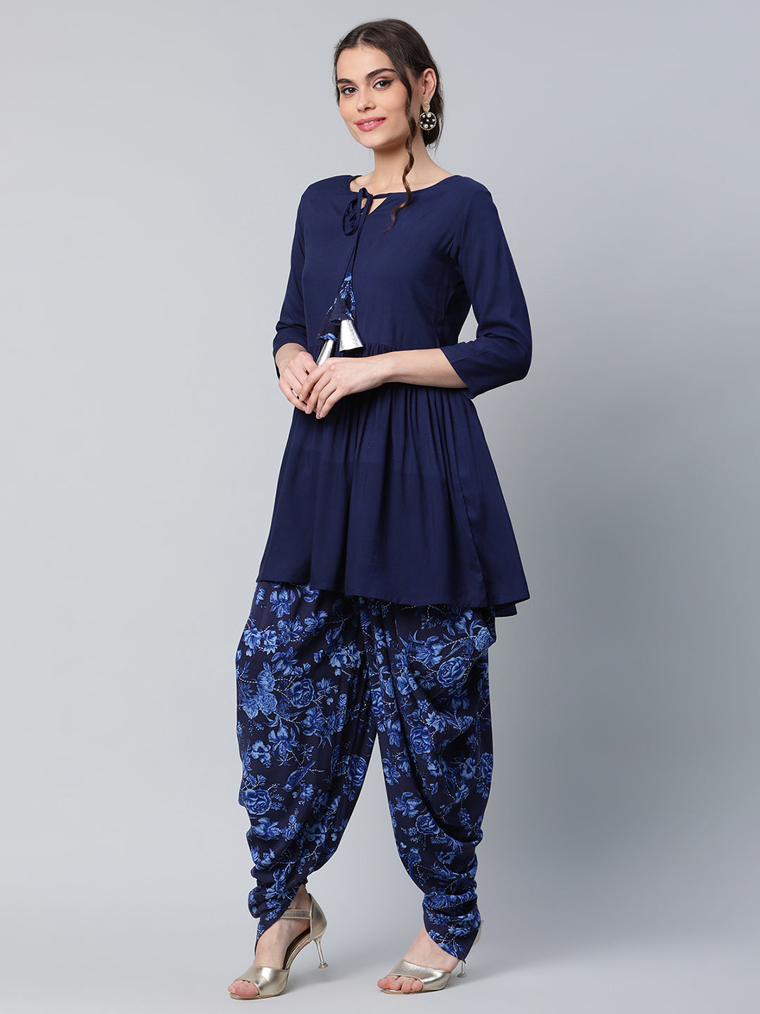 Women's Navy Blue Rayon Floral Empire Kurti With Dhoti Pants