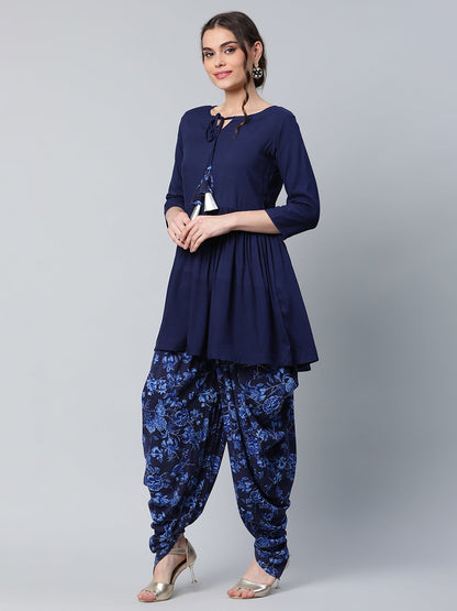 Women's Navy Blue Rayon Floral Empire Kurti With Dhoti Pants