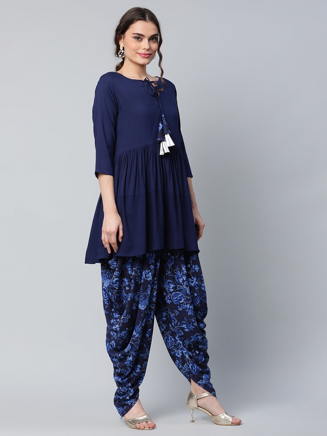 Women's Navy Blue Rayon Floral Empire Kurti With Dhoti Pants