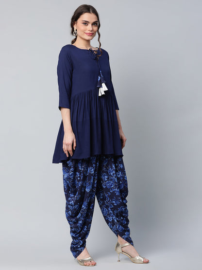 Women's Navy Blue Rayon Floral Empire Kurti With Dhoti Pants
