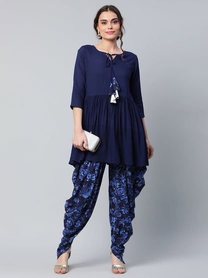 Women's Navy Blue Rayon Floral Empire Kurti With Dhoti Pants