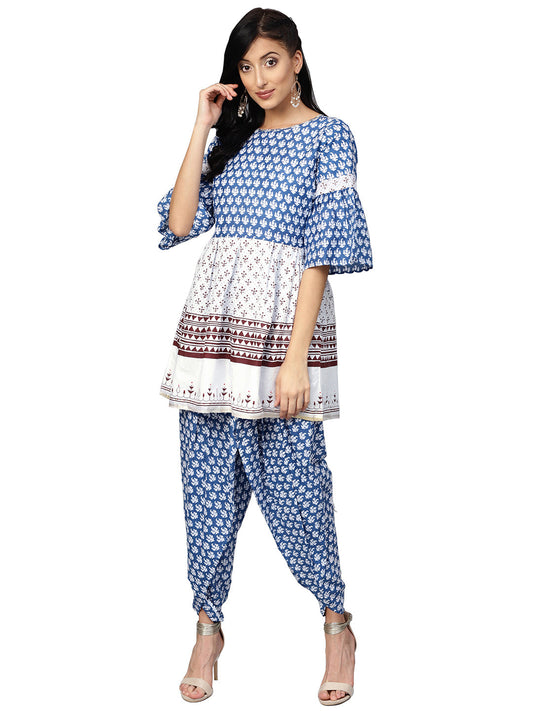 Women's Blue And White Kurti With Dhoti Pant