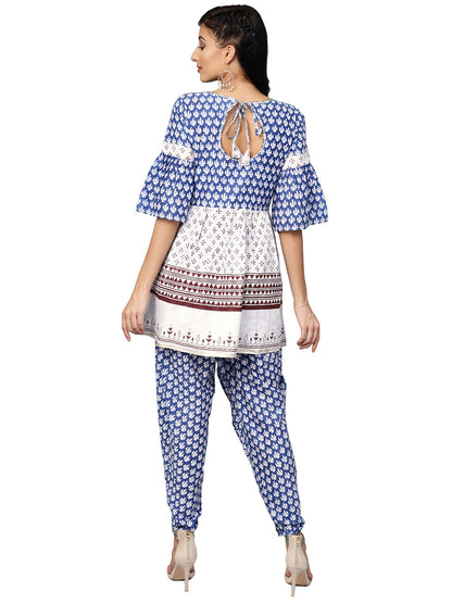 Women's Blue And White Kurti With Dhoti Pant